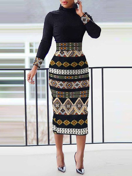 

Ethnic Geometry Print Elegant Turtleneck Regular Fit Dress, Black, Midi Dresses