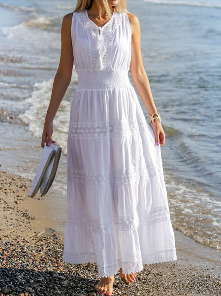 Lace Plain Loose Crew Neck Casual Dress, White, Maxi Dresses