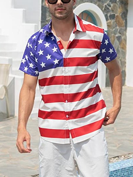 

American Flag Short Sleeve Casual Shirt, Red, Men Shirts