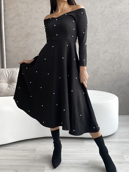 

Elegant Imitation Pearls Dress, Black, Midi Dresses