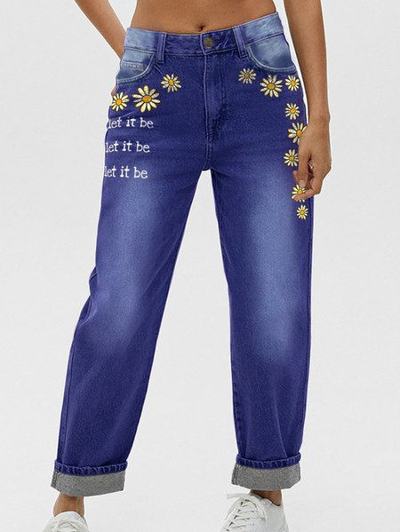 

Women's Let It Be Daisy Graphic Casual Printed Jeans, Blue, Jeans