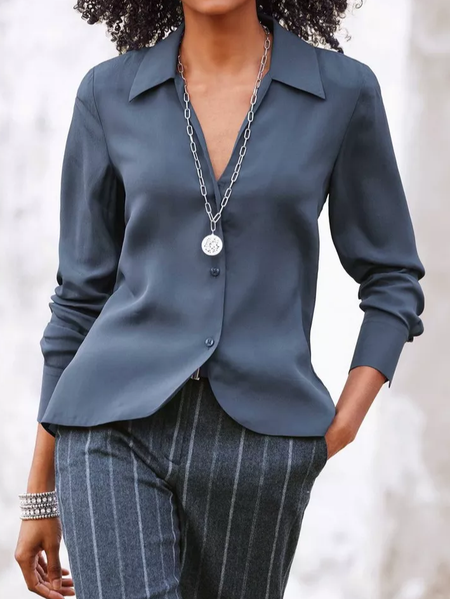 

Casual Plain Loose V Neck Blouse, Blue, Shirts & Blouses