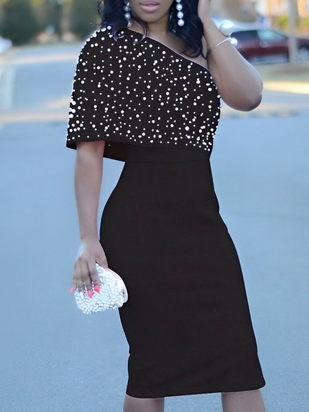 

One Shoulder Regular Fit Plain Elegant Dress, Black, Midi Dresses