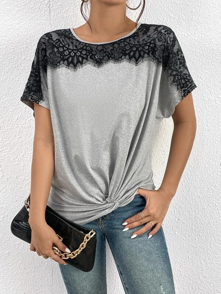 

Casual Cotton-Blend Plain Lace T-Shirt, Gray, T-Shirts