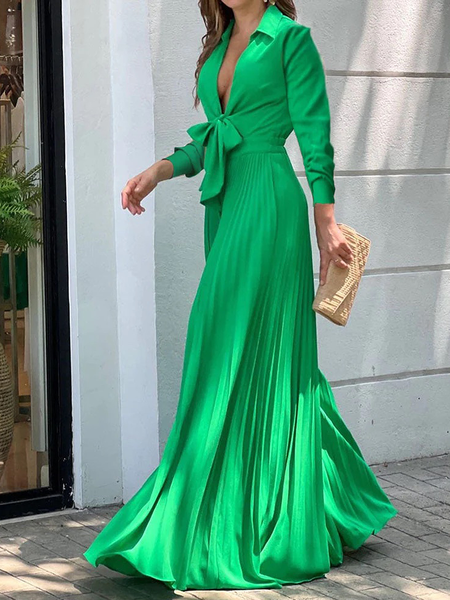 

Regular Fit Plain Elegant V neck Long sleeve Long Dress, Green, Maxi Dresses
