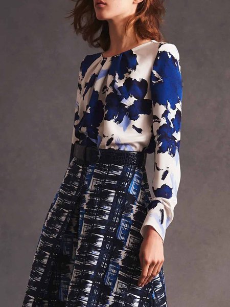 

Elegant Crew Neck Floral Print Long Sleeve Blouse, Blue, Blouses and Shirts