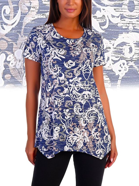 

Ethnic Crew Neck Loose Boho T-Shirt, Blue, T-Shirts