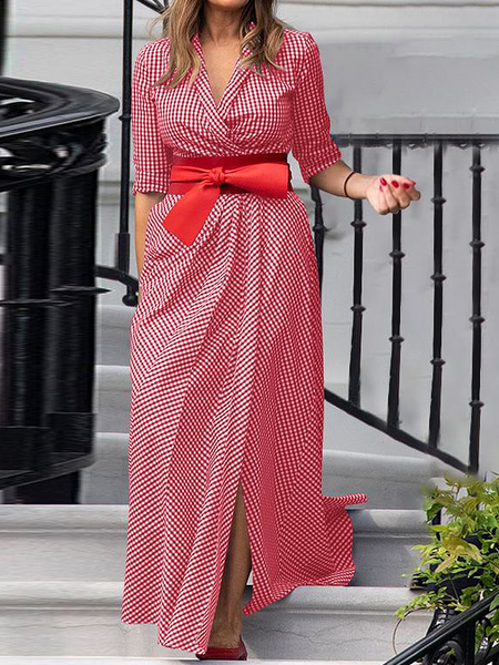 

Regular Fit Elegant Shawl Collar Long sleeve Long Dress, Red, Maxi Dresses