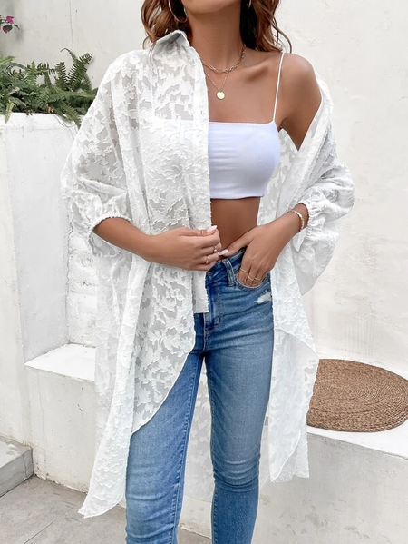 

Simple Loose Lace Plain Other Coat, White, Cardigans