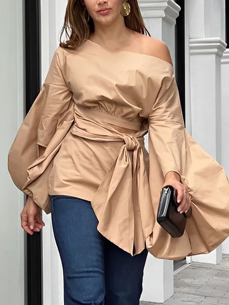 

Urban Plain Asymmetrical Lantern Sleeve Regular Fit Blouse, Khaki, Blouses and Shirts