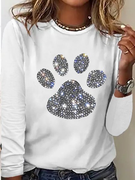 

Women's Dog Paw Rhinestone Print Crew Neck Casual Letters Top, White, Long sleeves