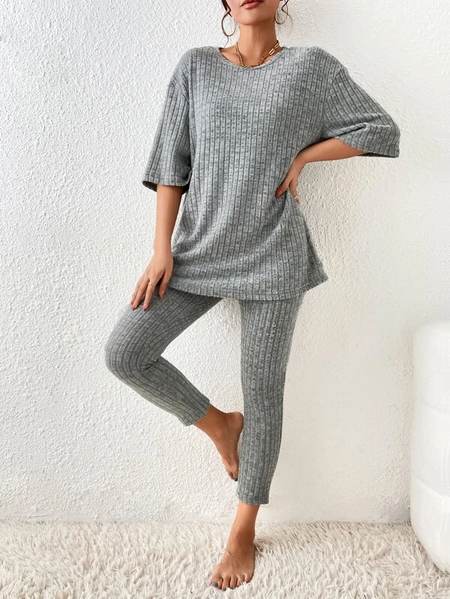 

Crew Neck Casual Knitted Plain Two-Piece Set, Gray, Tops