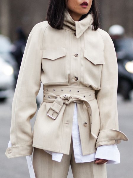 

Plain Urban Regular Fit Turtleneck Long Sleeve Trench Coat, Apricot, Coats