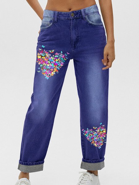 

Women's Butterfly Heart Casual Printed Jeans, Blue, Jeans