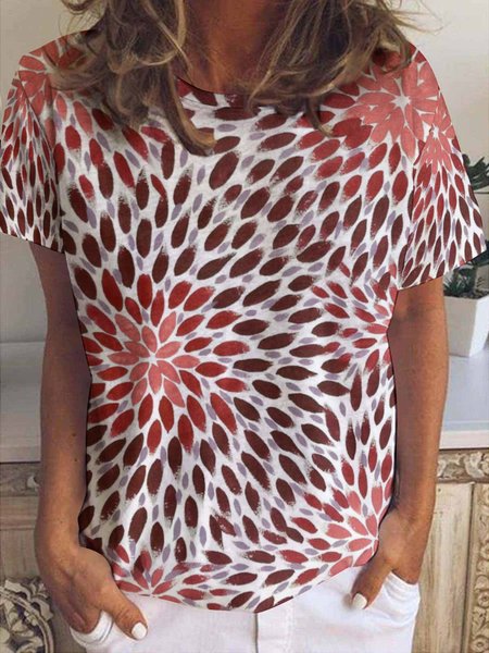 

Women's Flower Art Print Crew Neck Casual T-Shirt, Red, T-shirts