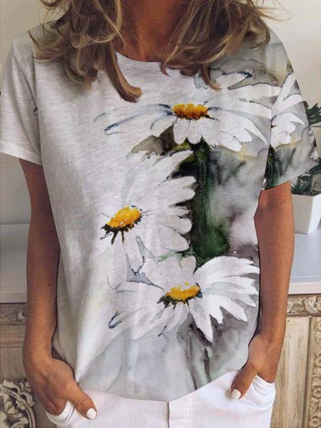

Women's Daisy Art Print Casual T-Shirt, White, T-shirts