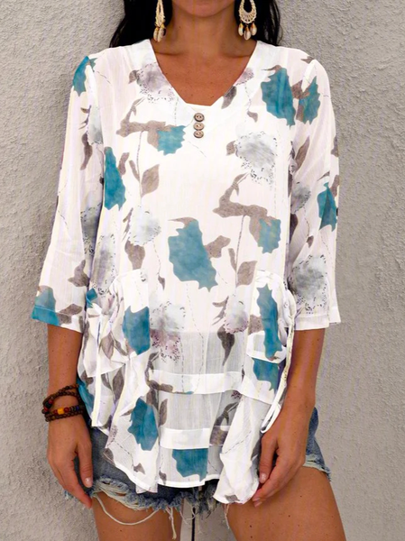 

V Neck Floral Casual Loose Top, White, Tops