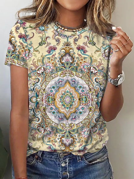 

Crew Neck Boho Loose Ethnic T-Shirt, Multicolor, T-Shirts