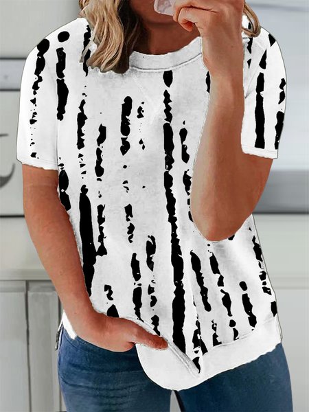 

Plus Size Casual Abstract Stripes Crew Neck Jersey T-Shirt, White, Shirts & Blouses