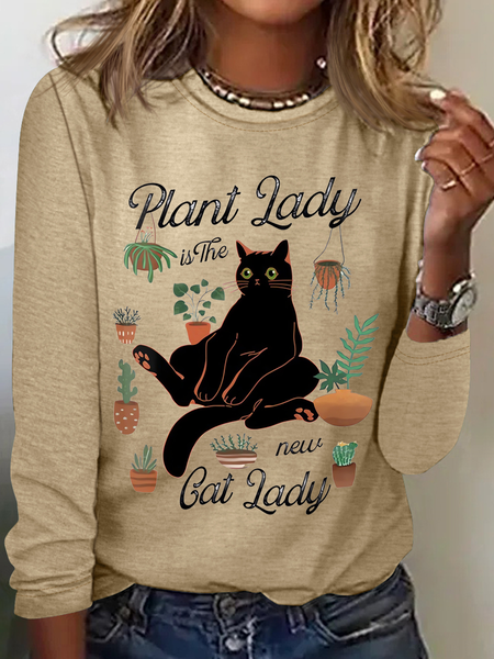

Women‘s Funny Word Crazy Plant Lady Crew Neck Simple Long Sleeve Top, Khaki, Long sleeves