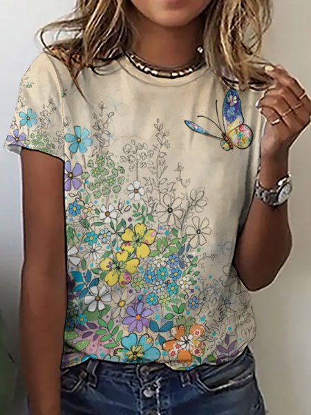 

Women's Art Flower Butterfly Print Casual Crew Neck T-Shirt, Khaki, T-shirts
