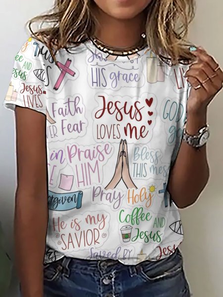 

Women's Faith Print Crew Neck Casual T-Shirt, White, T-shirts