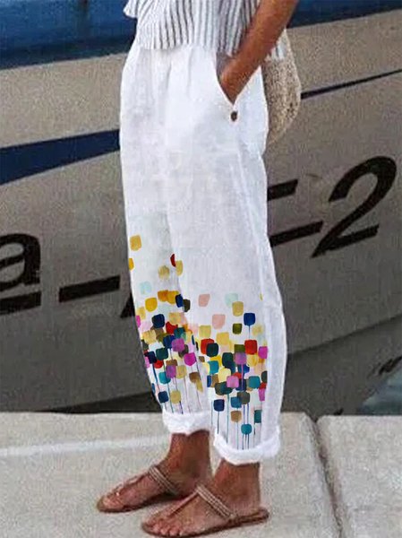 

Loose Geometric Casual Casual Pants, White, Pants