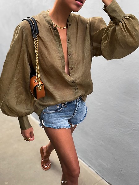

Stand Collar Loose Plain Casual Long Sleeve Blouse, As picture, Blouses and Shirts