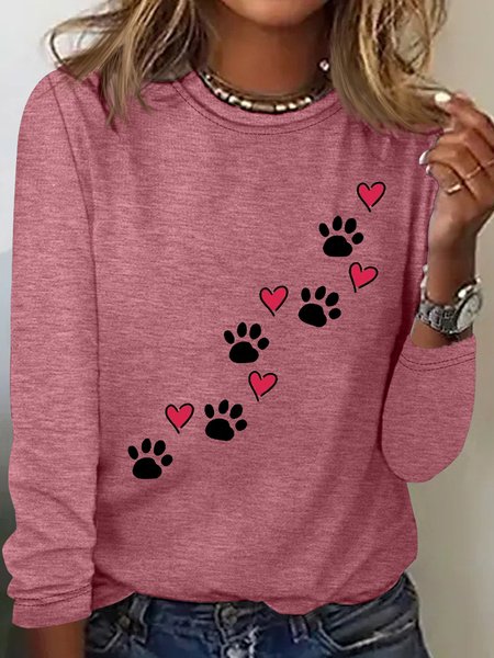 

Women's Paw And Heart Print Casual Top, Rose red, Long sleeves