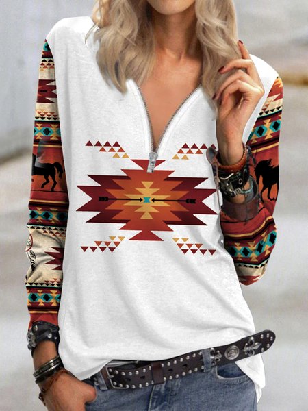 

V Neck Ethnic Loose T-Shirt, White, T-Shirts