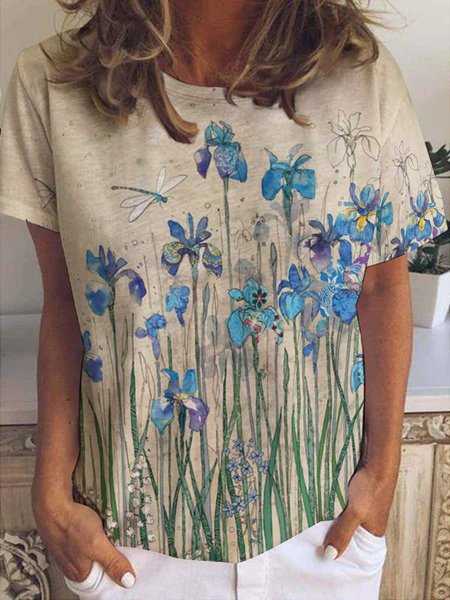 

Women's Flower Dragonfly Art Print Crew Neck Casual T-Shirt, Khaki, T-shirts