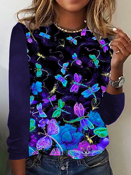 

Loose Crew Neck Butterfly Casual T-Shirt, Multicolor, T-Shirts