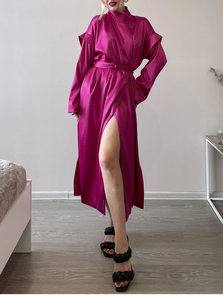 

Elegant Satin Plain Shawl Collar Trench Coat, Deep pink, Coats