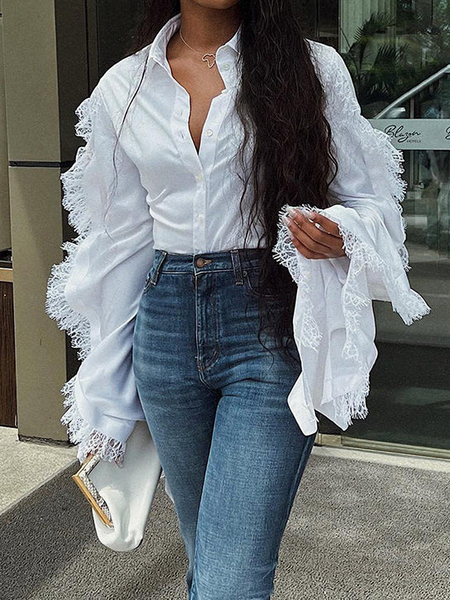 

Regular Fit Shirt Collar Long sleeve Urban Blouse, White, Blouses and Shirts