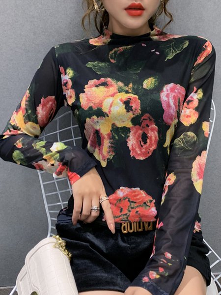 

Daily Floral Regular Fit Half Turtleneck T-Shirt, Black, Tees