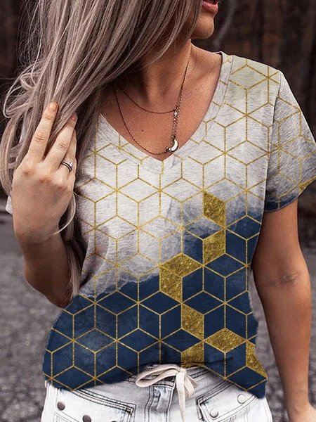 

Casual Geometric V Neck Loose T-Shirt, Multicolor, T-Shirts
