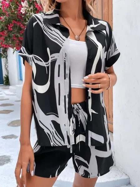 

V Neck Loose Geometric Casual Two-Piece Set, Black, Tops
