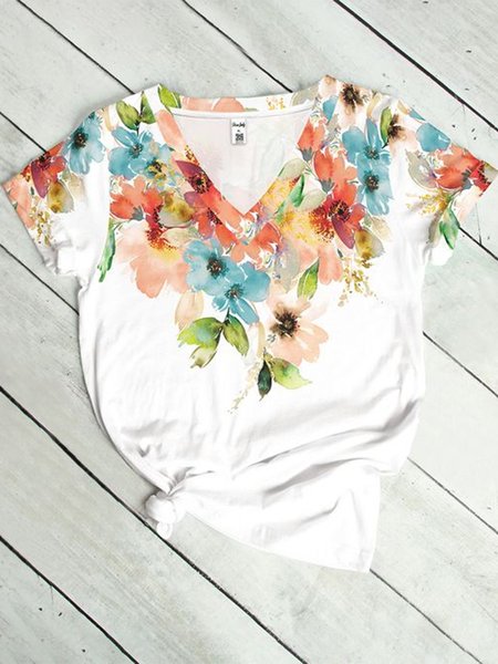

Plus Size Floral V Neck Jersey Casual T-Shirt, White, T-Shirts