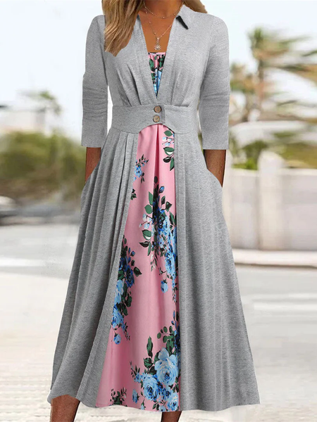 

Casual Loose Floral V Neck Dress, Gray, Dresses