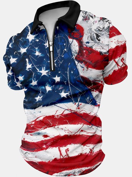 

Men’s America Flag Pattern Text Letters Casual Polo Shirt, As picture, T-shirts