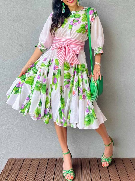 

Vacation Crew Neck Floral Print Dress, Green, Midi Dresses