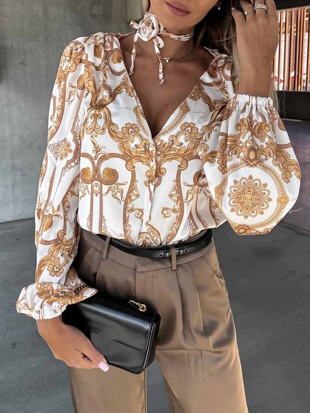 

Elegant Floral Print Long Sleeve V Neck Blouse, White, Blouses and Shirts