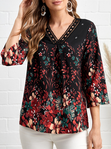 

V Neck Casual Floral Blouse, Black, Shirts & Blouses