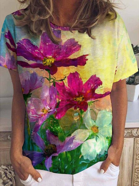 

Women's Flower Art Print Crew Neck Casual T-Shirt, As picture, T-shirts