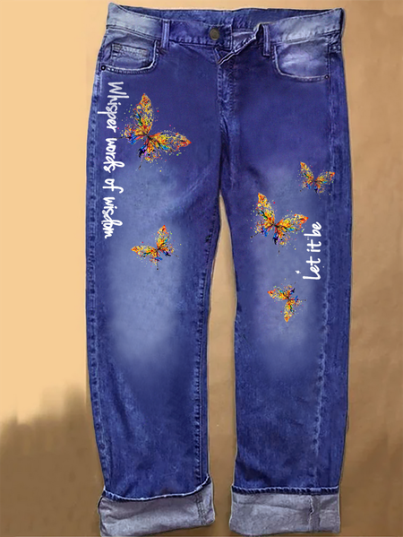 

Womens Whisper Words of Wisdom Let it be Butterfly Letter Casual Printed Jeans, Blue, Jeans