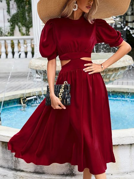 

Plain Regular Fit Crew Neck Elegant Dress, Wine red, Dresses
