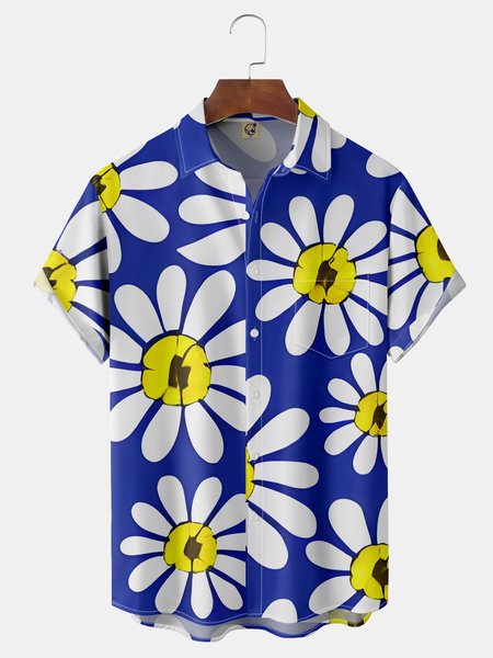 

Floral Chest Pocket Short Sleeve Hawaiian Shirt, Blue, Men Shirts