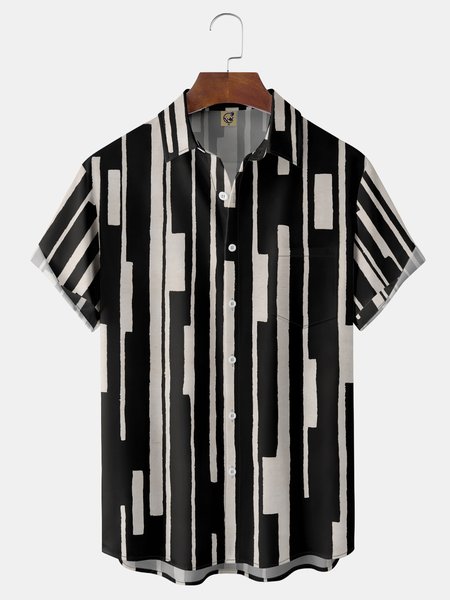 

Geometric Stripe Chest Pocket Short Sleeve Casual Shirt, Black, Men Shirts