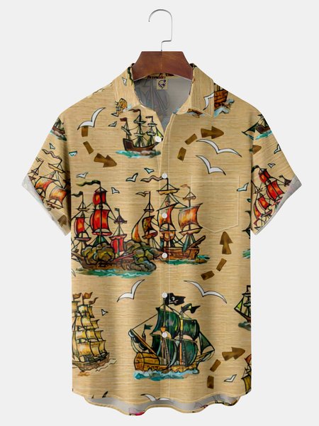 

Ocean Sailing Chest Pocket Short Sleeve Hawaiian Shirt, Khaki, Men Shirts
