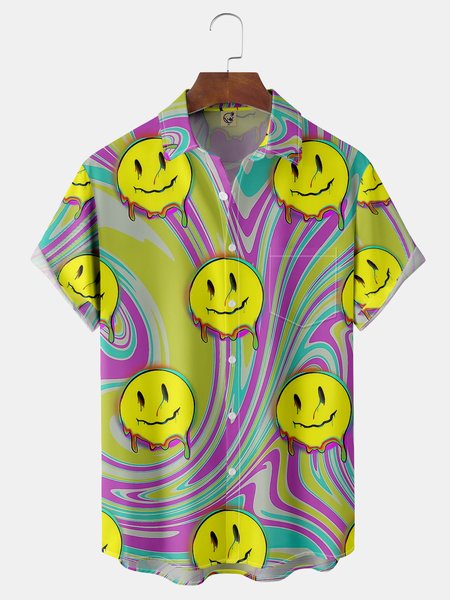 

Smiley Face Chest Pockets Short Sleeves Casual Shirts, Yellow, Men Shirts